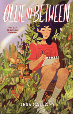 The cover for Ollie in between shows a child with pale skin and dark hair sitting among underbrush against a tree trunk beside a creek and writing in a journal.