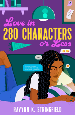 The cover of Love in 280 Characters or less features a black girl with long hair lying on the floor texting on her phone.