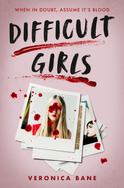 The cover of Difficult Girls has a pink background with polarioid photos of white teenagers splattered with blood.